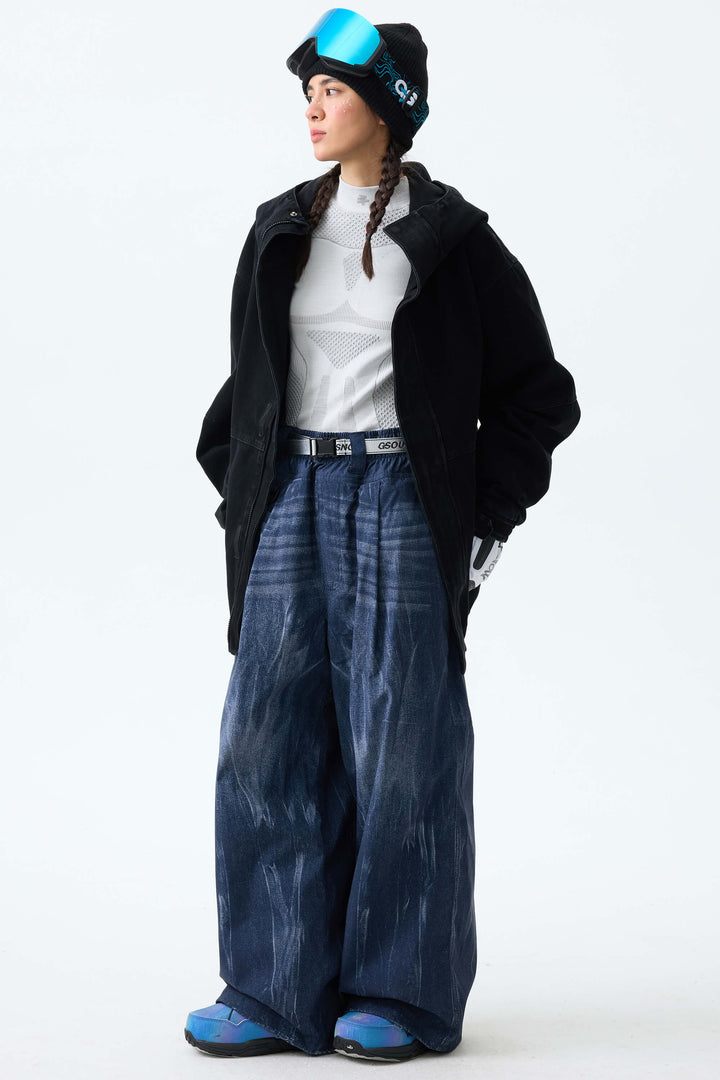 Women's Bleached Indigo Vintage Denim-Print Baggy Snowboard Pants
