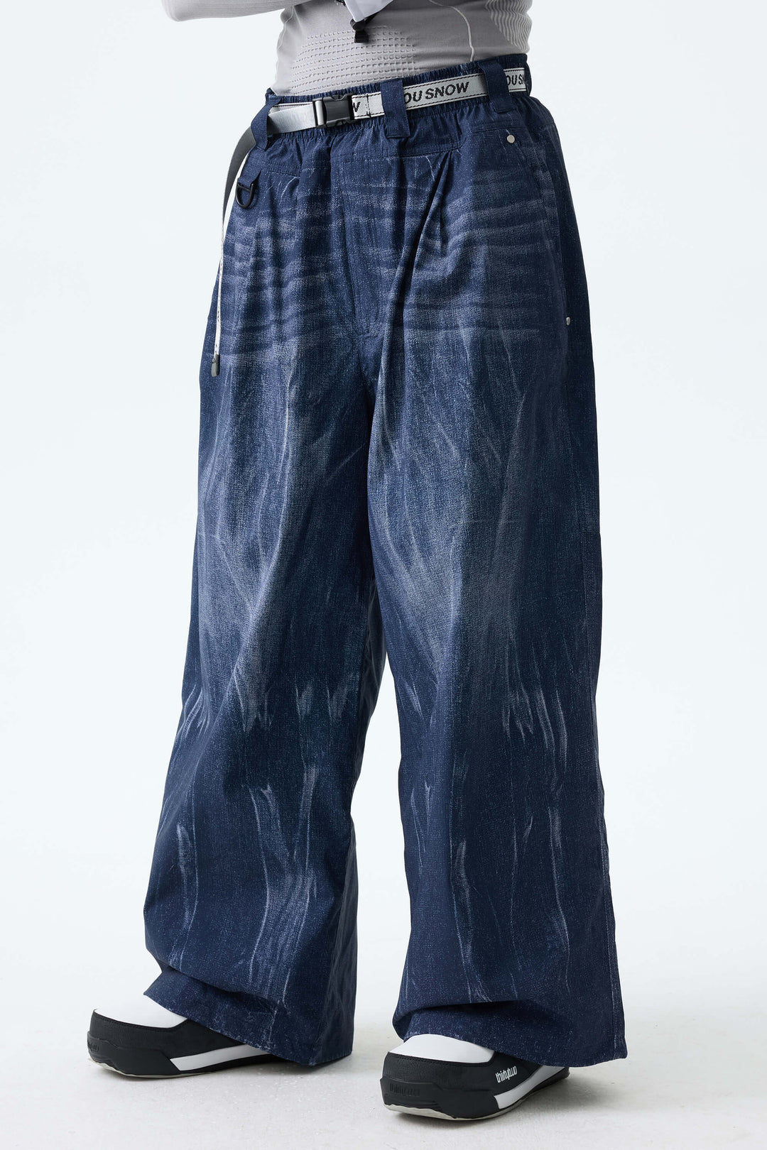 Men's Bleached Indigo Vintage Denim-Print Baggy Snowboard Pants