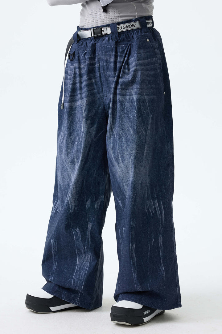 Men's Bleached Indigo Vintage Denim-Print Baggy Snowboard Pants