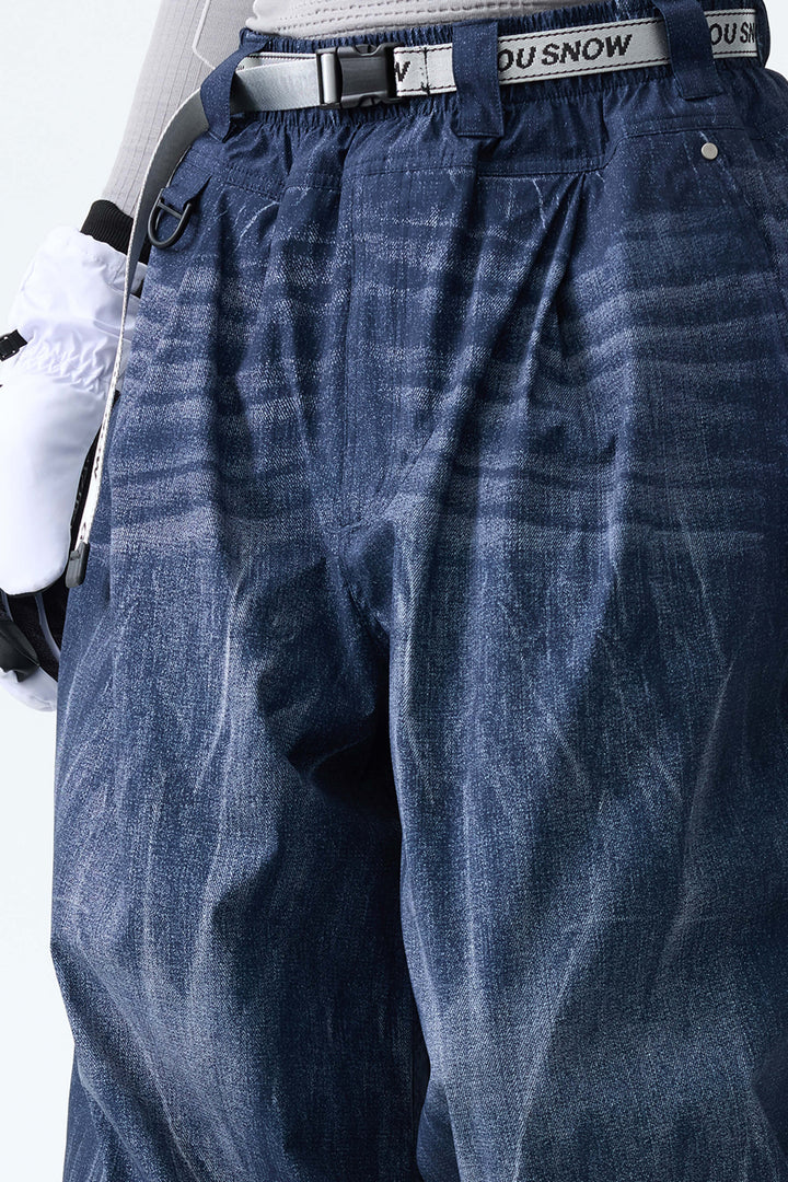 Men's Distressed Indigo Vintage Denim-Print Baggy Snowboard Pants