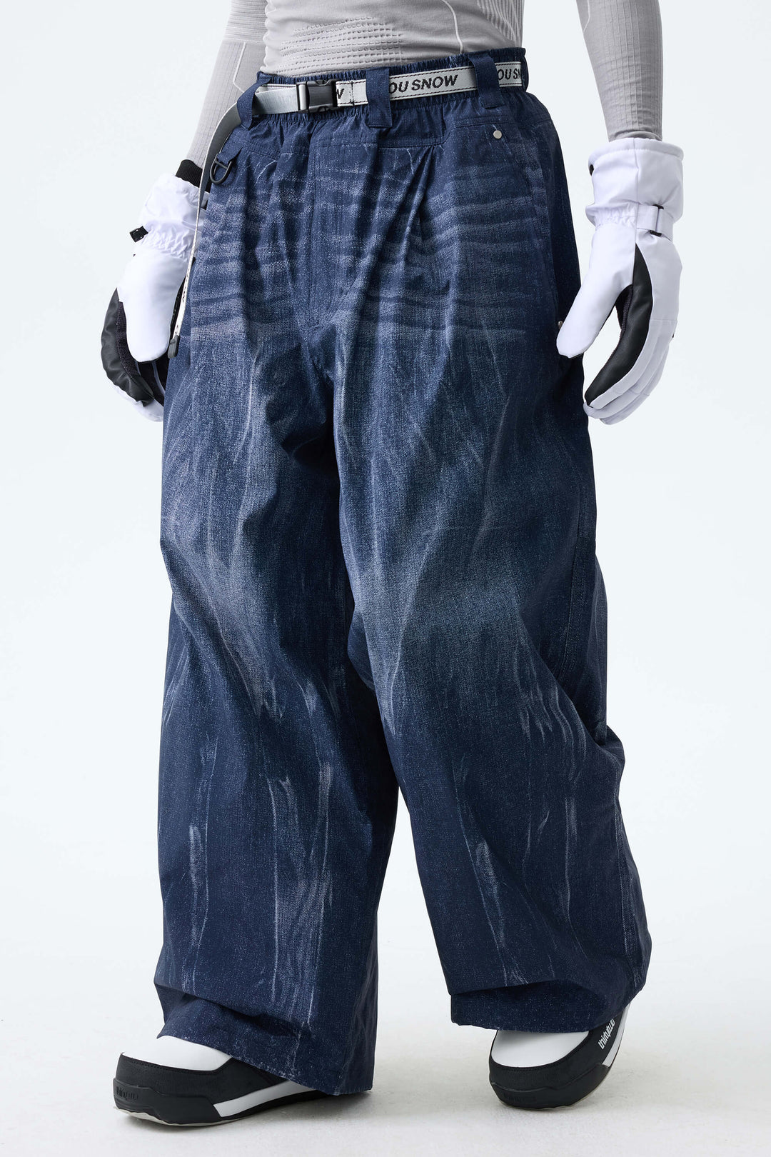 Men's Bleached Indigo Vintage Denim-Print Baggy Snowboard Pants