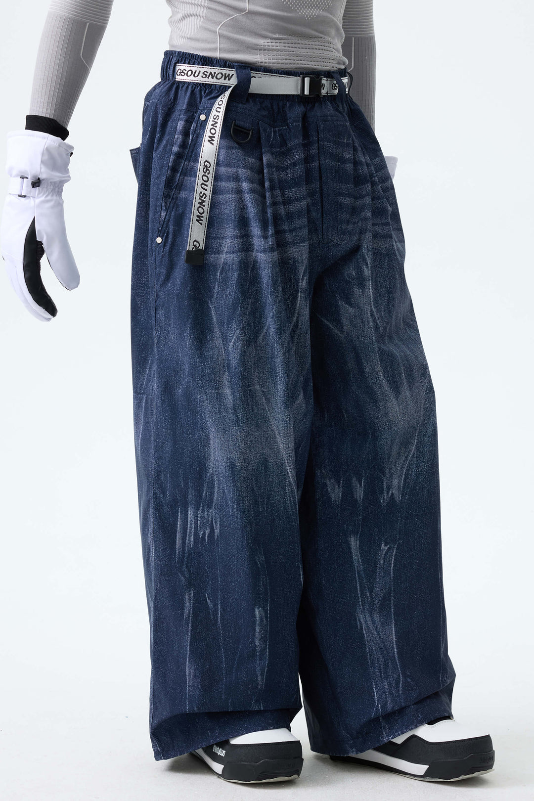 Men's Distressed Black Vintage Denim-Print Baggy Snowboard Pants