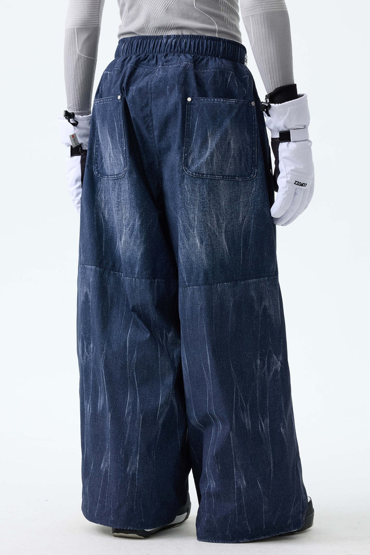 Men's Distressed Indigo Vintage Denim-Print Baggy Snowboard Pants
