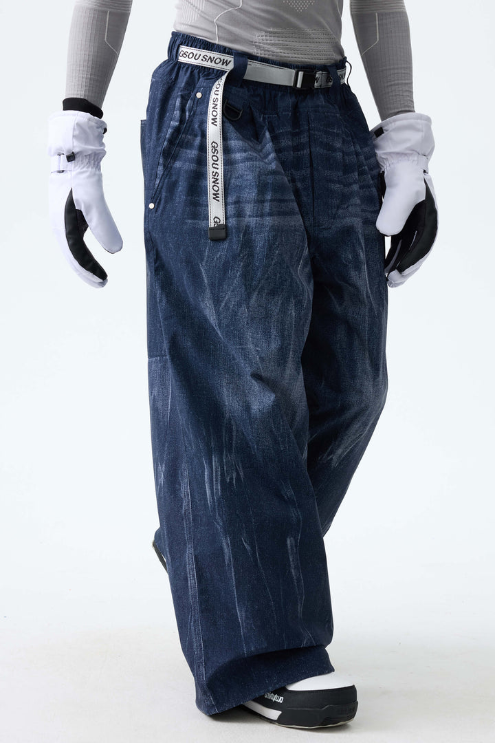 Men's Distressed Indigo Vintage Denim-Print Baggy Snowboard Pants
