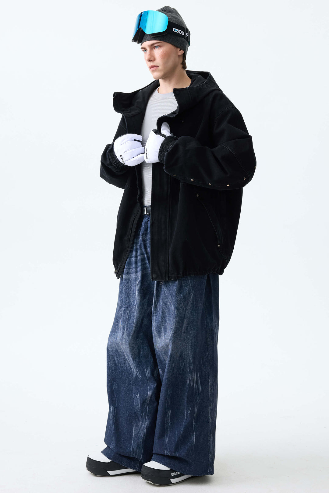Men's Bleached Indigo Vintage Denim-Print Baggy Snowboard Pants