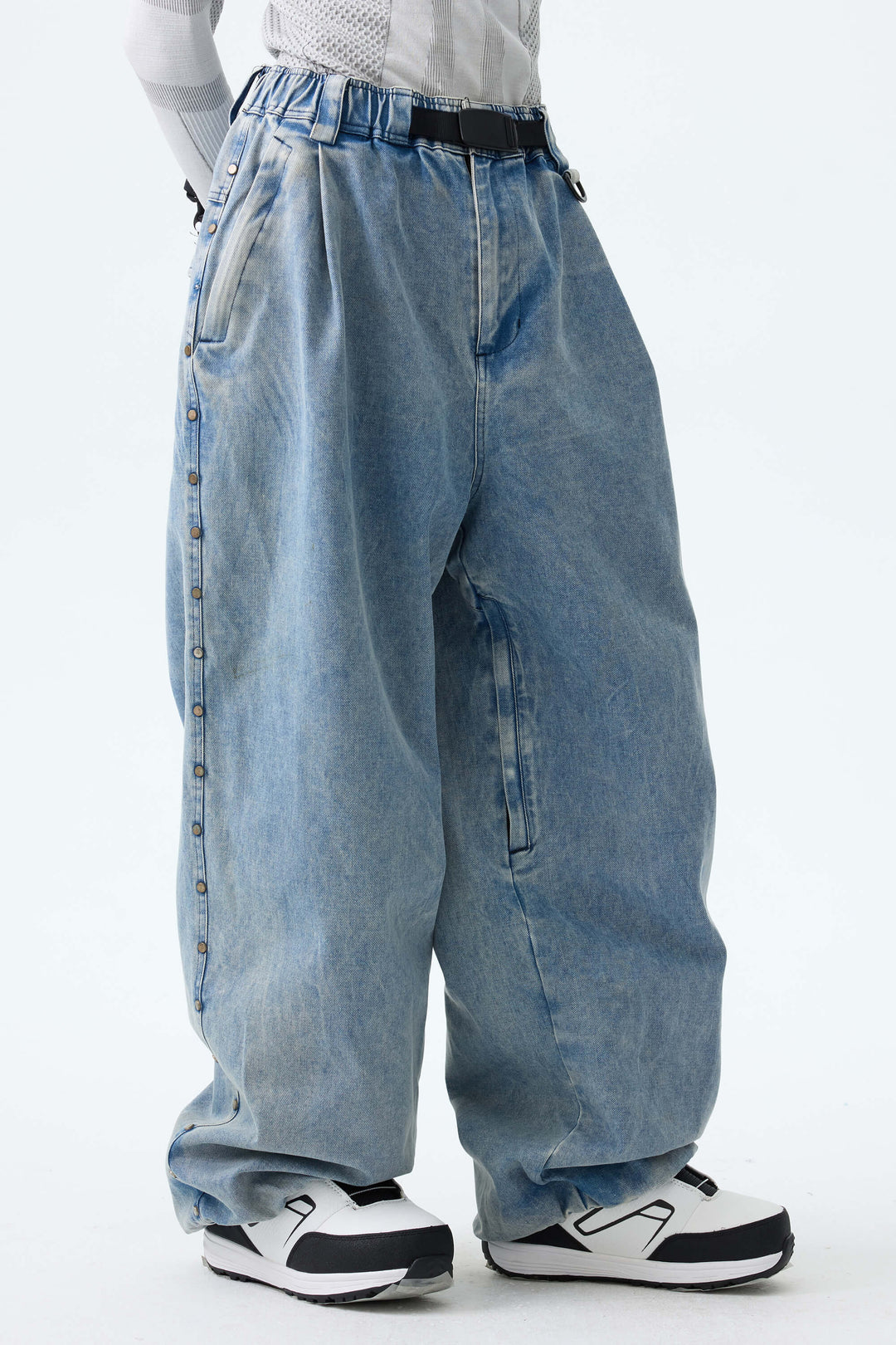 Women's Black Real Denim Waterproof Rivet Trim Snow Pants