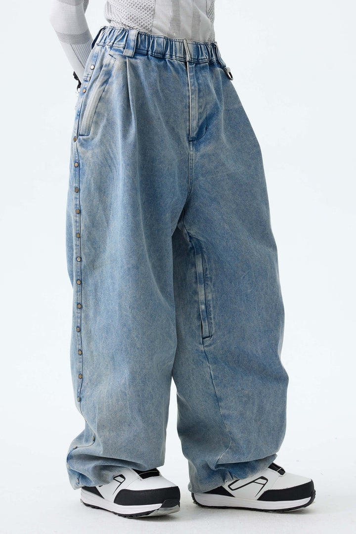 Women's Black Real Denim Waterproof Rivet Trim Snow Pants