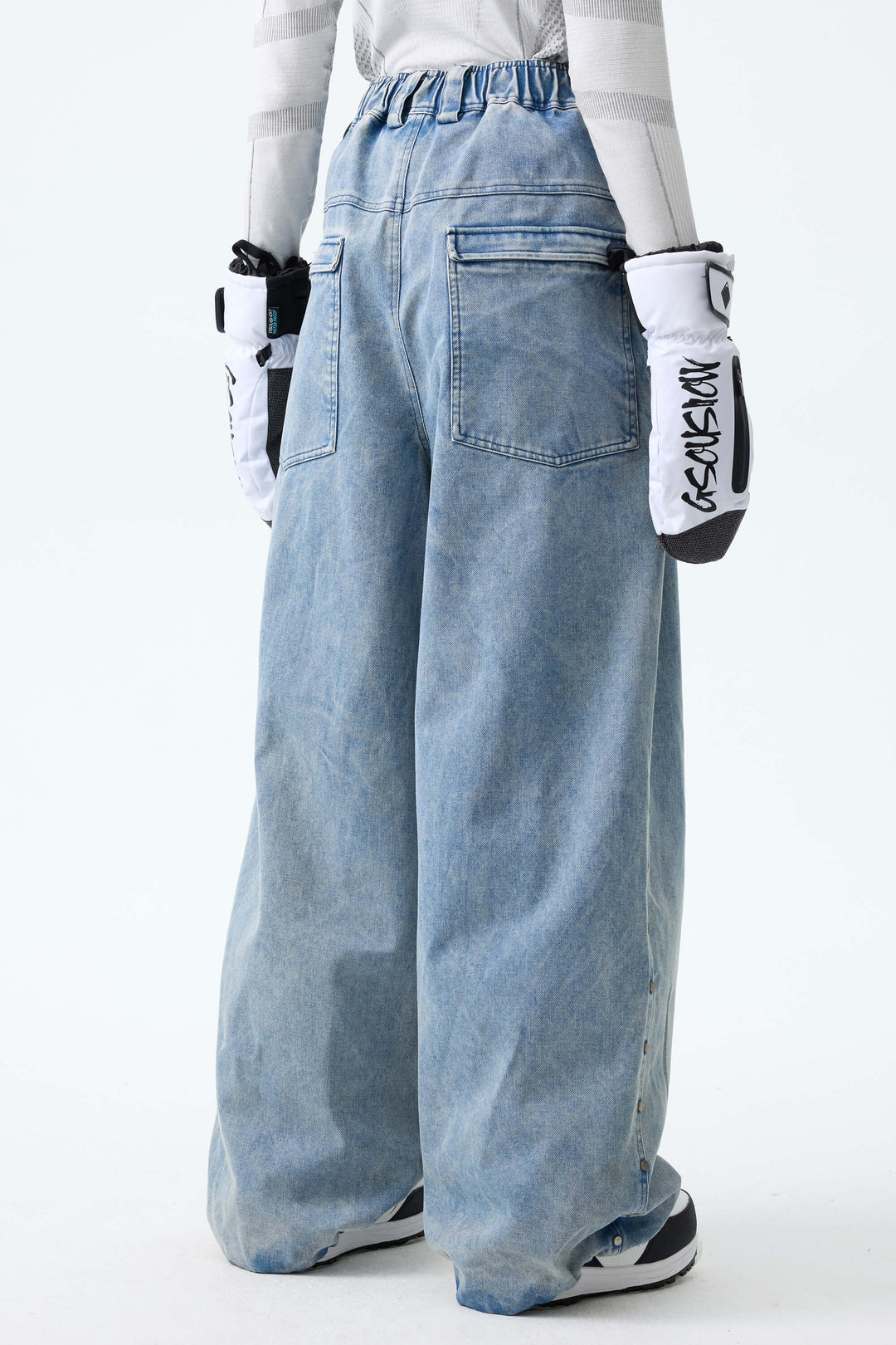 Women's Light Blue Wash Real Denim Waterproof Rivet Trim Snow Pants