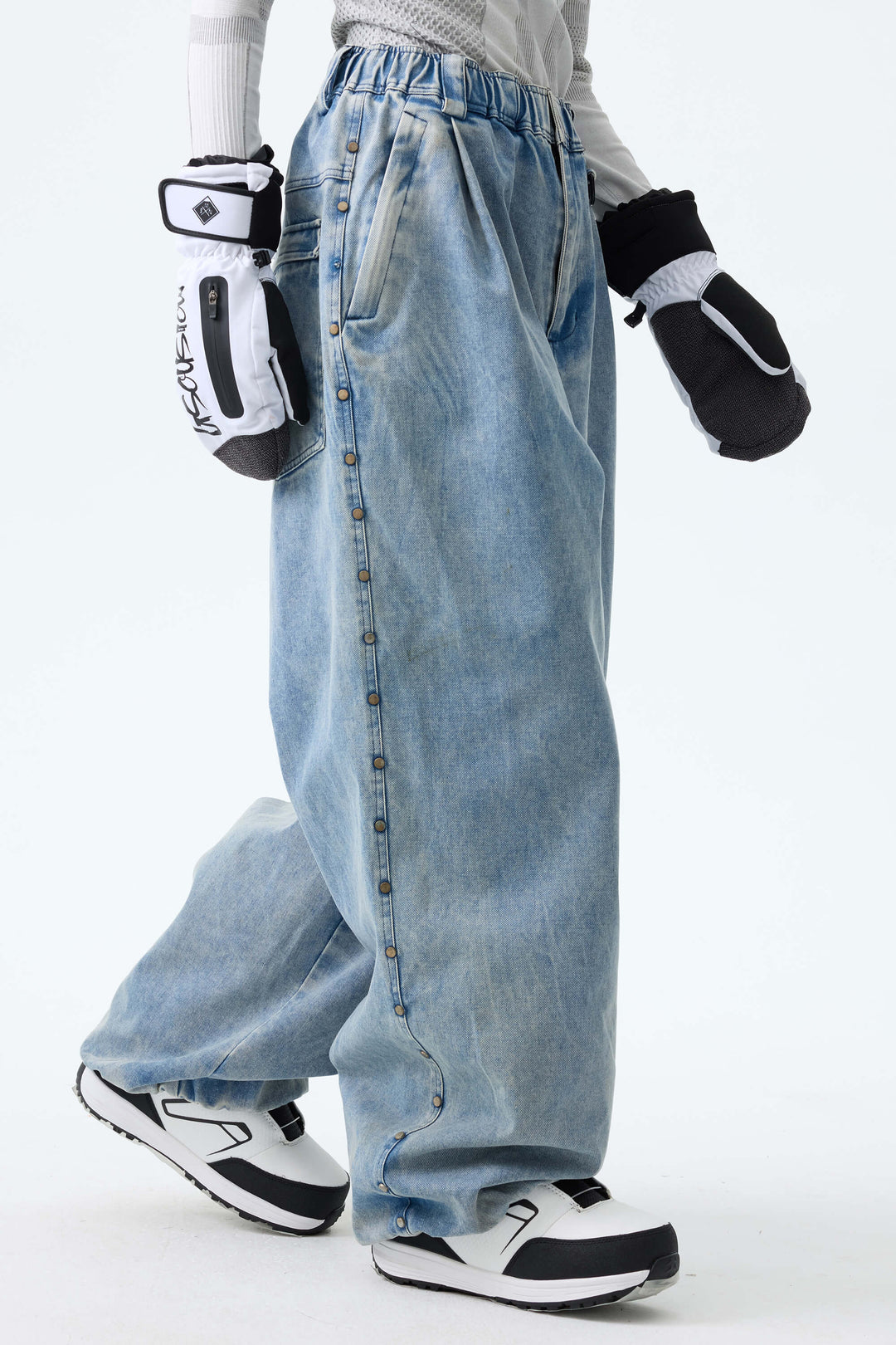 Women's Light Blue Wash Real Denim Waterproof Rivet Trim Snow Pants
