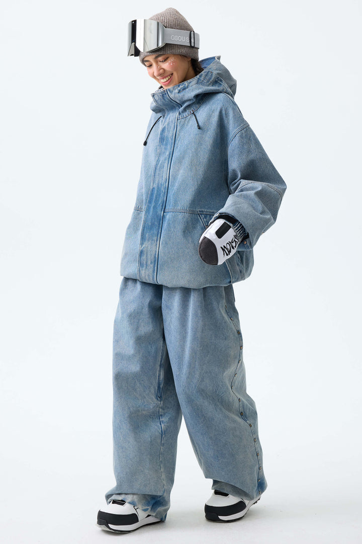 Women's Black Real Denim Waterproof Rivet Trim Snow Pants