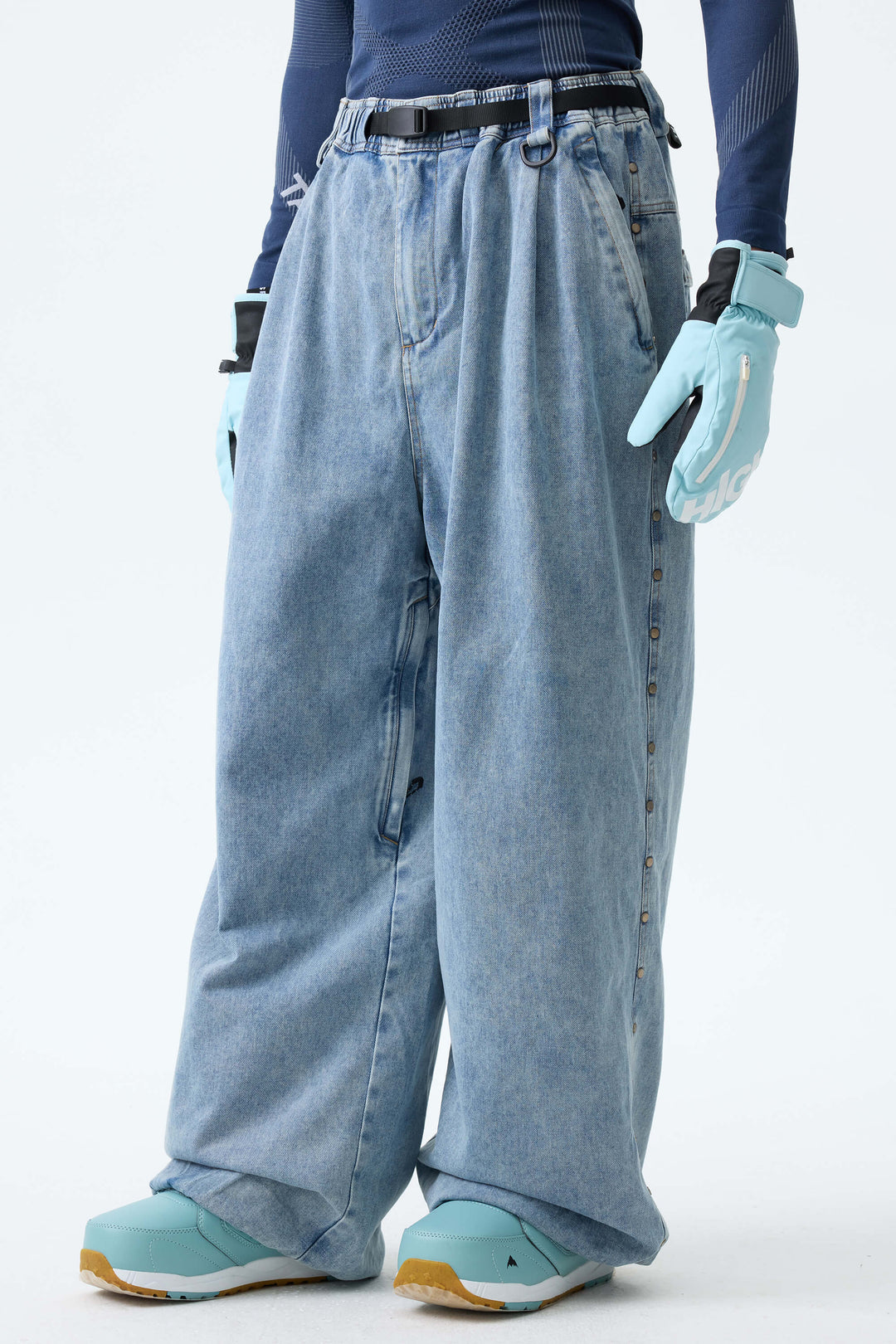 Men's Black Real Denim Waterproof Rivet Trim Snow Pants