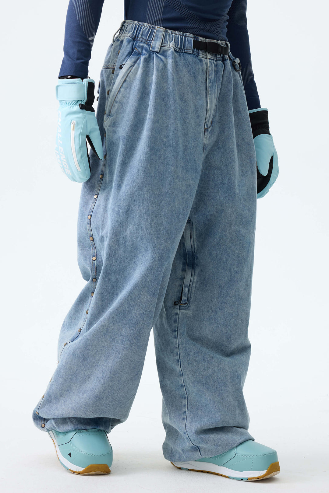 Men's Black Real Denim Waterproof Rivet Trim Snow Pants