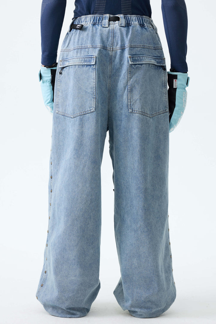 Men's Light Blue Wash Real Denim Waterproof Rivet Trim Snow Pants
