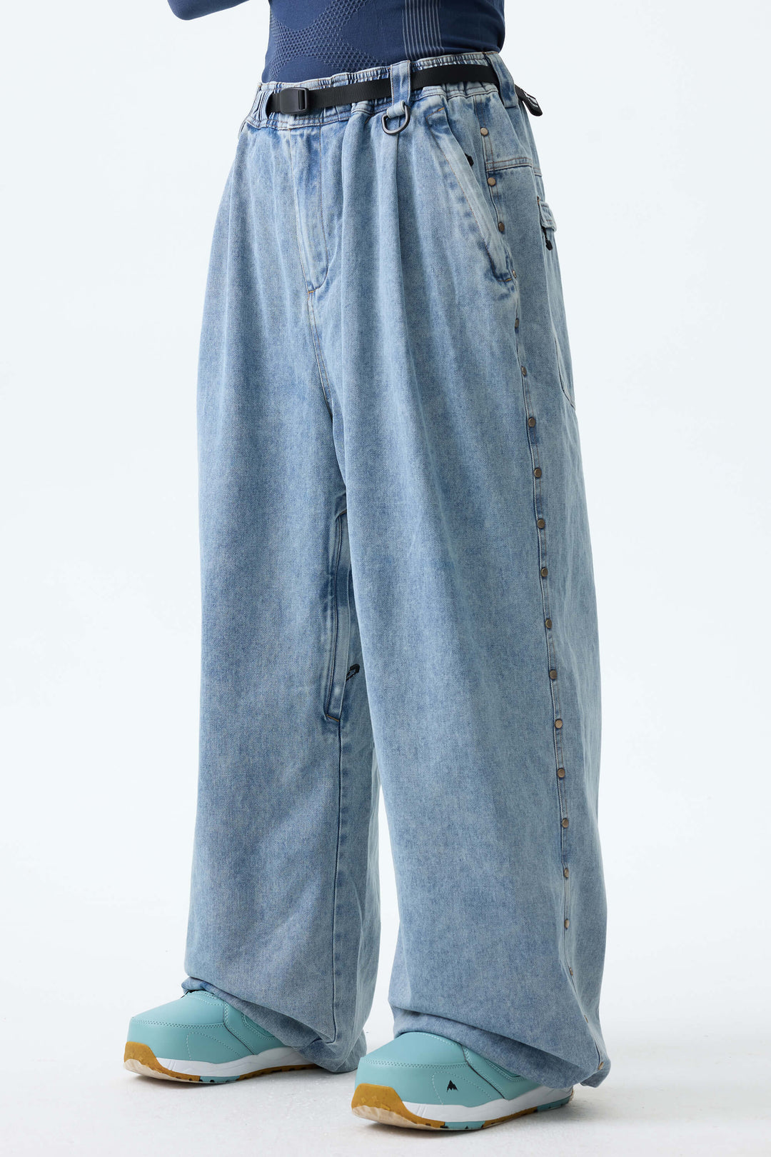 Men's Light Blue Wash Real Denim Waterproof Rivet Trim Snow Pants