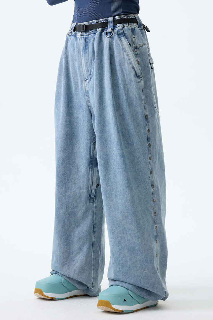 Men's Light Blue Wash Real Denim Waterproof Rivet Trim Snow Pants