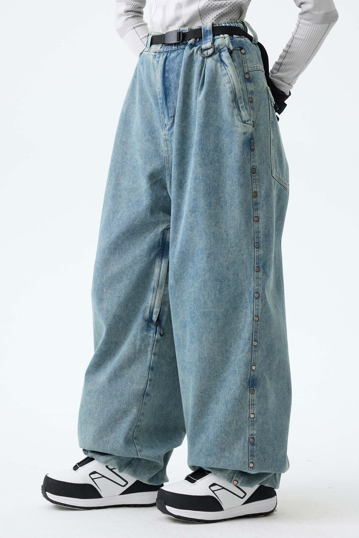 Women's Black Real Denim Waterproof Rivet Trim Snow Pants