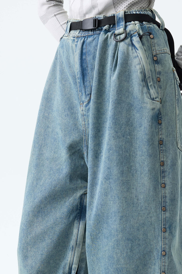 Women's Vintage Blue Wash Real Denim Waterproof Rivet Trim Snow Pants