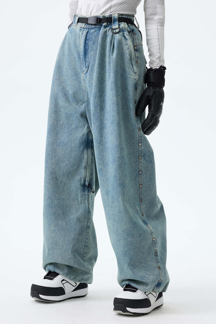 Women's Black Real Denim Waterproof Rivet Trim Snow Pants