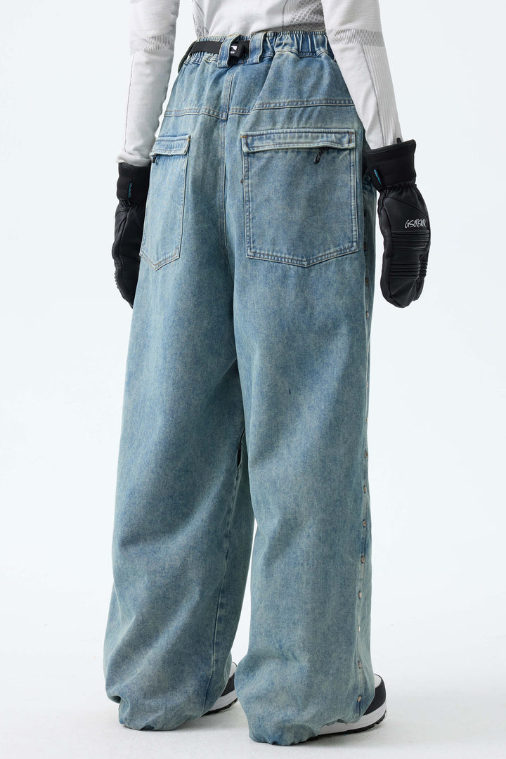 Women's Vintage Blue Wash Real Denim Waterproof Rivet Trim Snow Pants