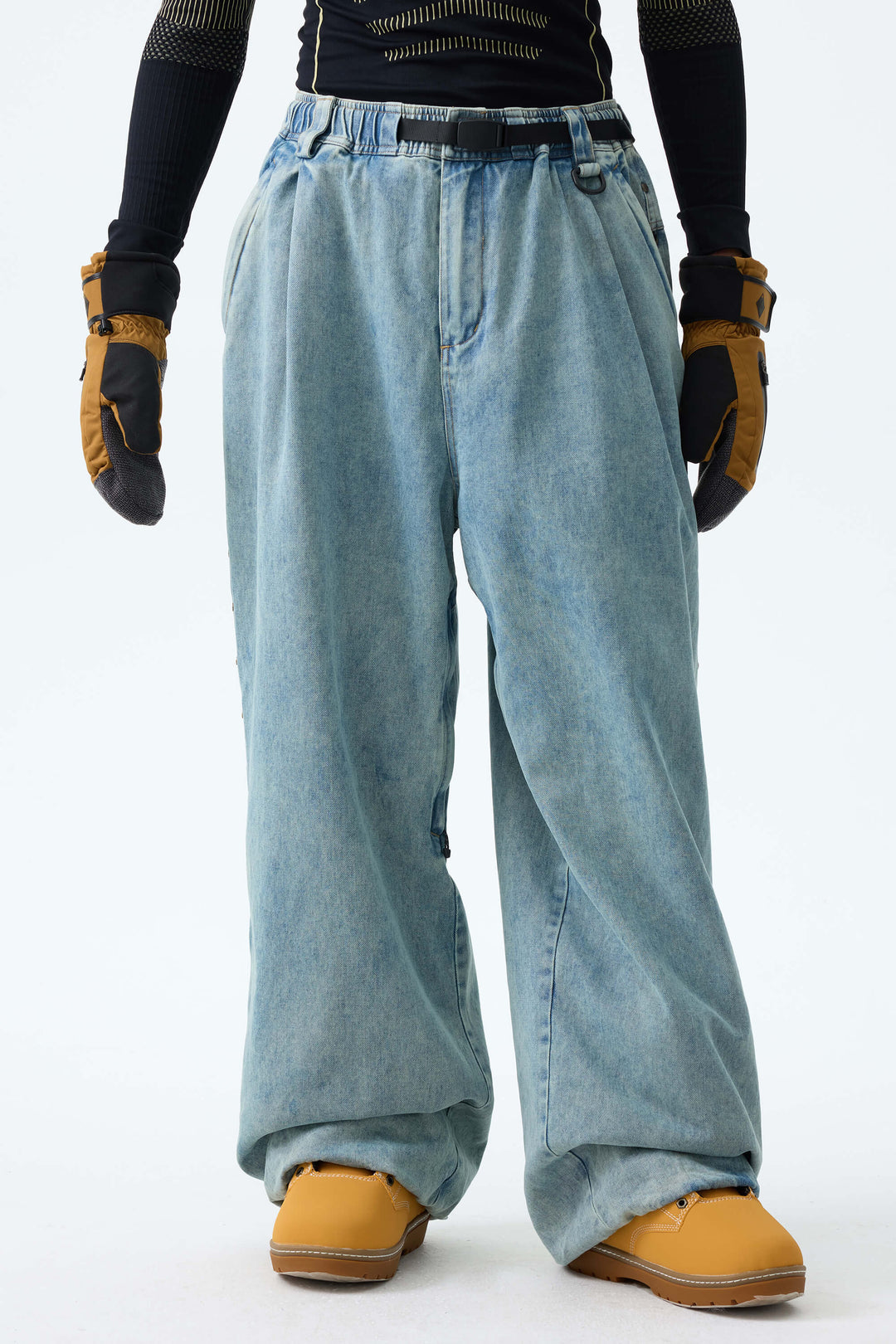 Men's Black Real Denim Waterproof Rivet Trim Snow Pants
