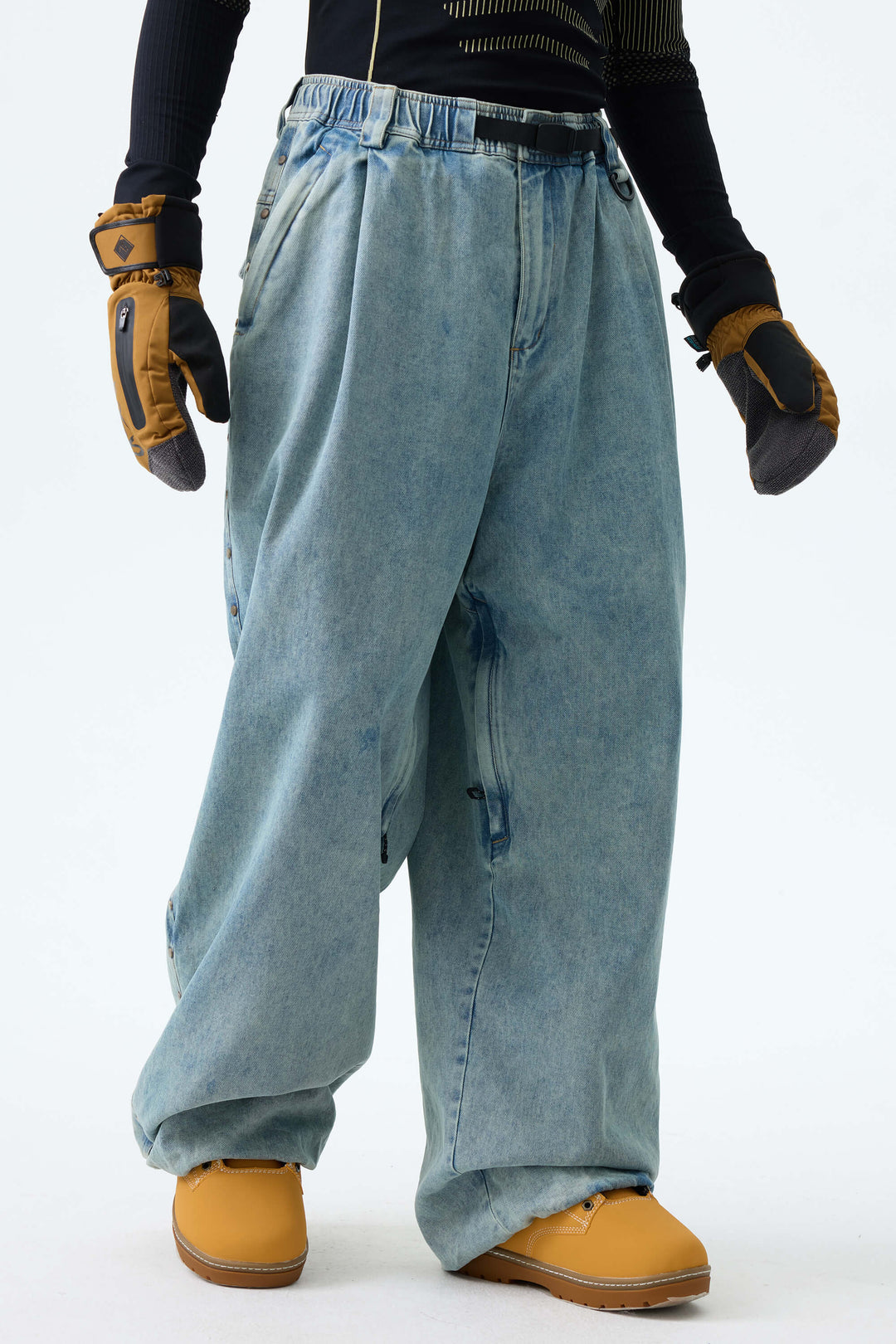 Men's Washed Charcoal Real Denim Waterproof Rivet Trim Snow Pants