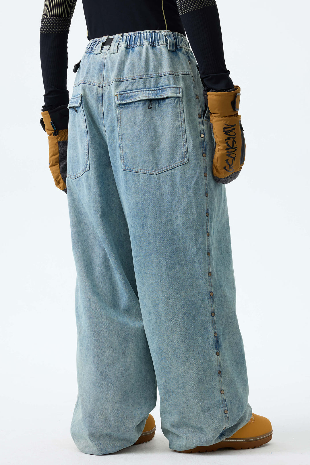 Men's Black Real Denim Waterproof Rivet Trim Snow Pants