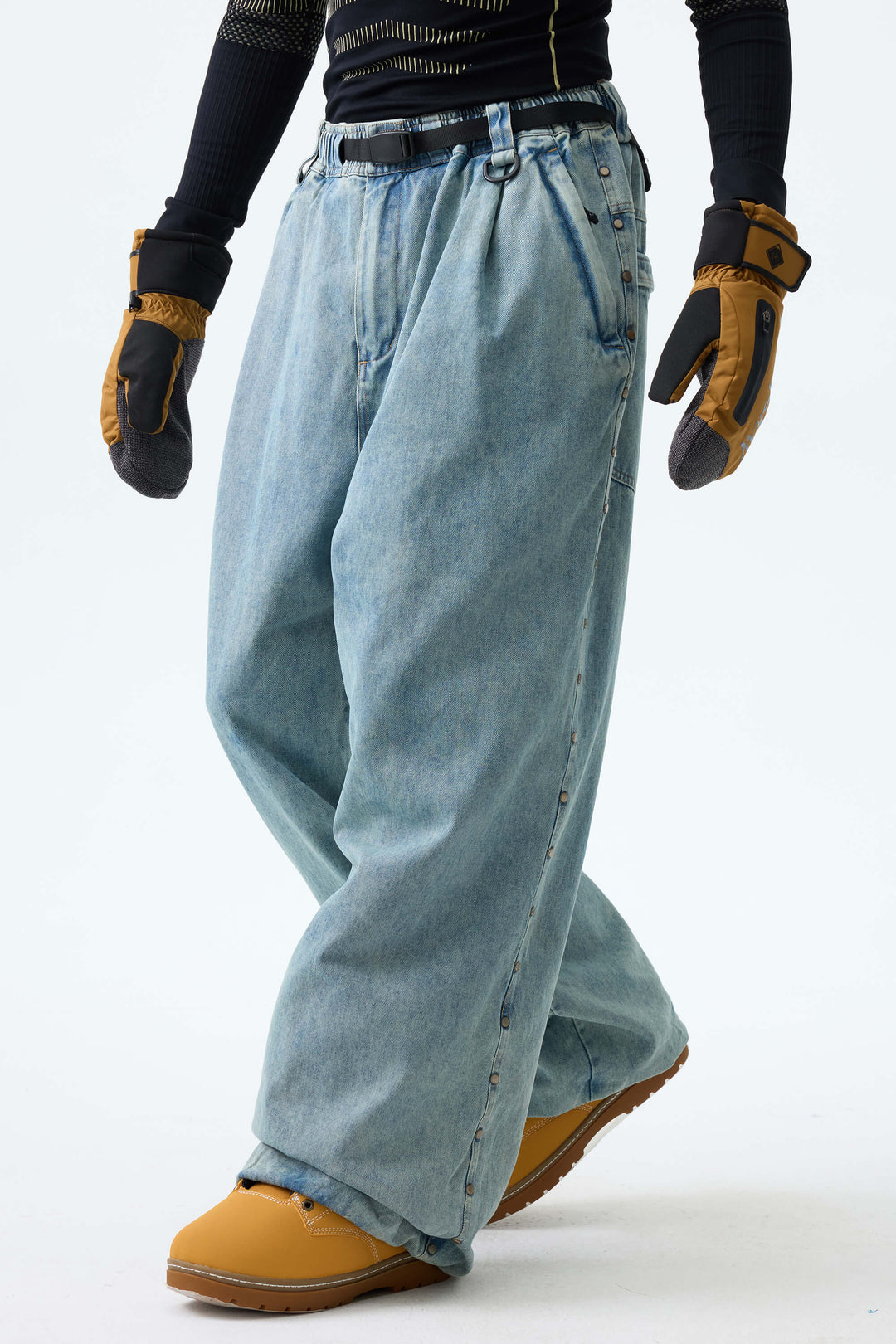 Men's Light Blue Wash Real Denim Waterproof Rivet Trim Snow Pants