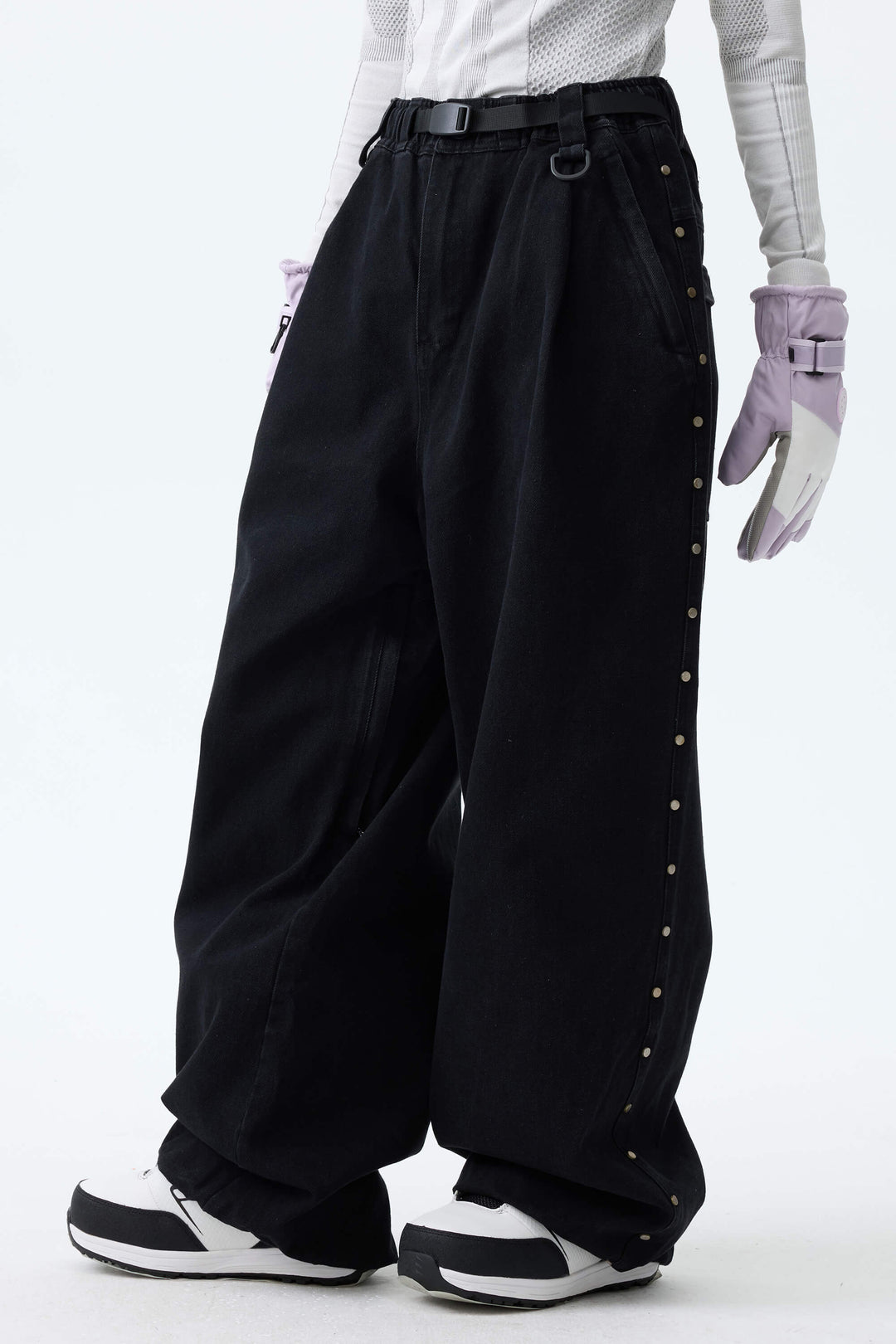 Women's Black Real Denim Waterproof Rivet Trim Snow Pants