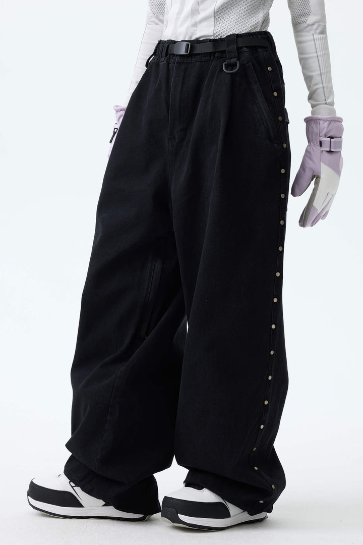 Women's Black Real Denim Waterproof Rivet Trim Snow Pants