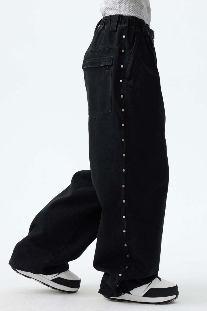 Women's Black Real Denim Waterproof Rivet Trim Snow Pants