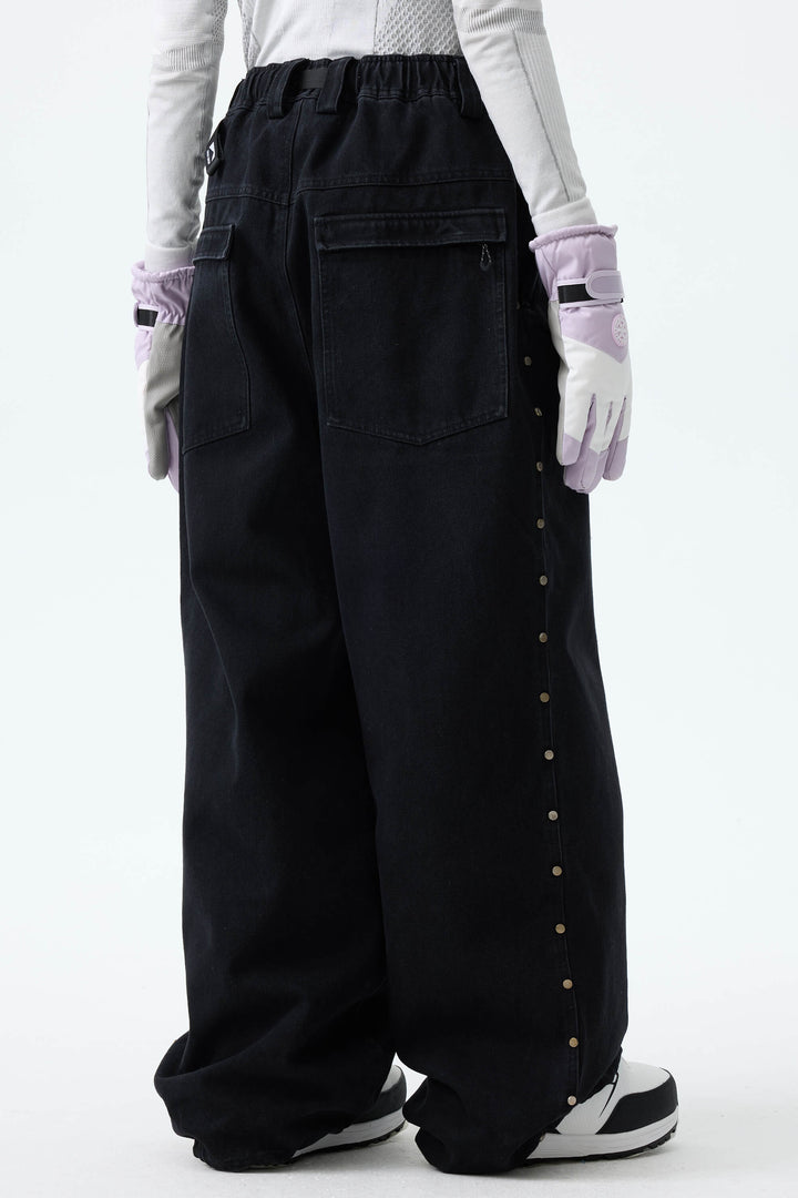 Women's Black Real Denim Waterproof Rivet Trim Snow Pants