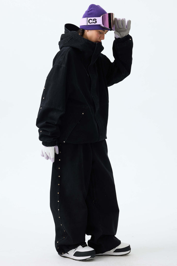 Women's Black Real Denim Waterproof Rivet Trim Snow Pants