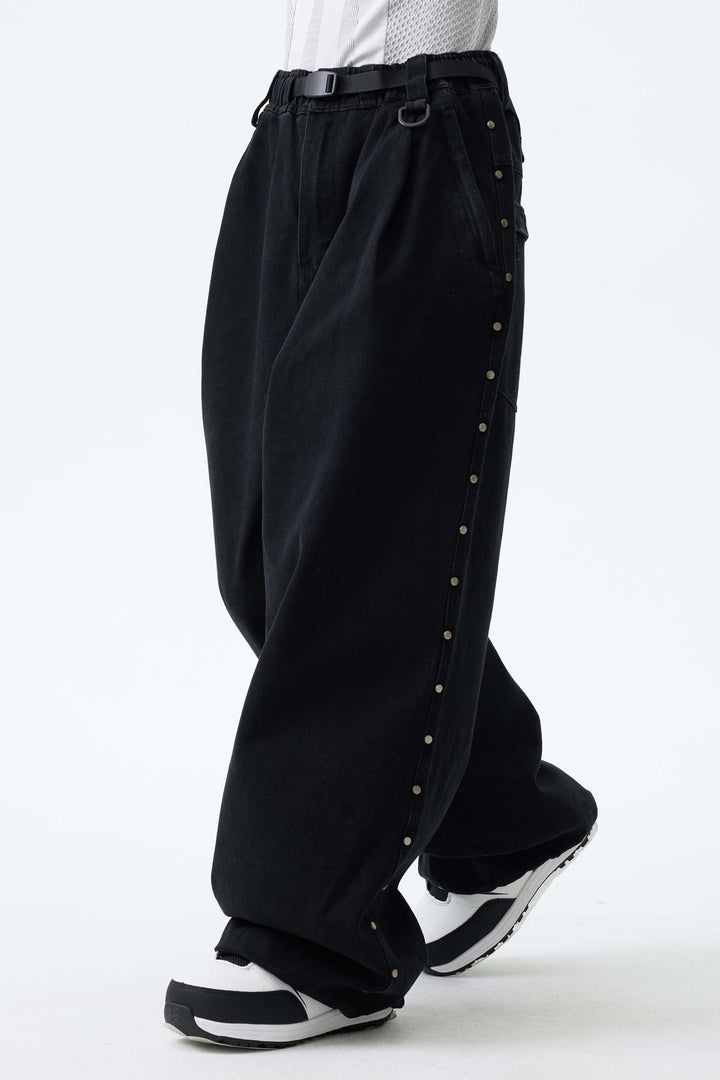 Women's Black Real Denim Waterproof Rivet Trim Snow Pants