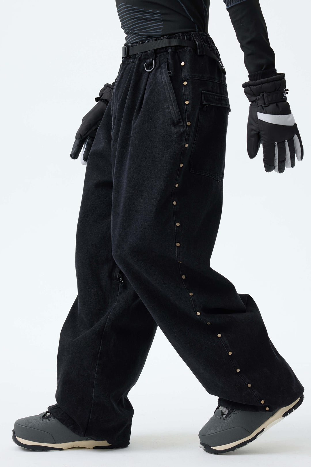 Men's Black Real Denim Waterproof Rivet Trim Snow Pants