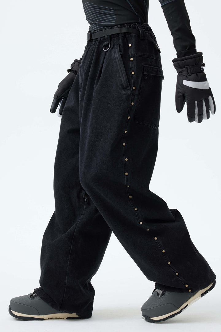 Men's Black Real Denim Waterproof Rivet Trim Snow Pants