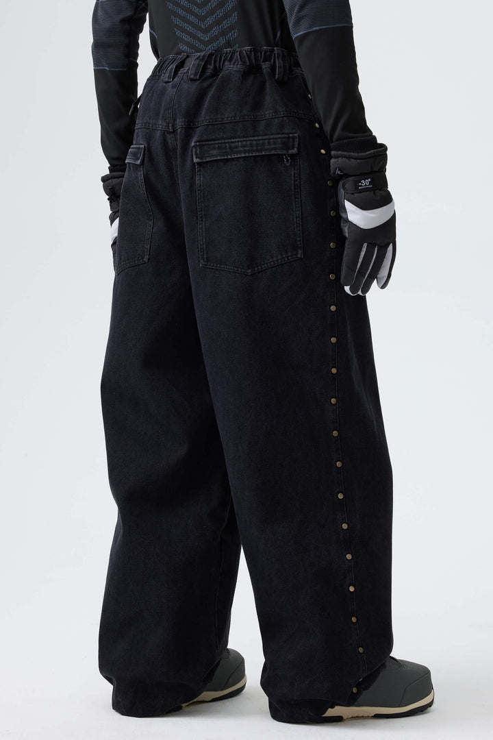 Men's Black Real Denim Waterproof Rivet Trim Snow Pants