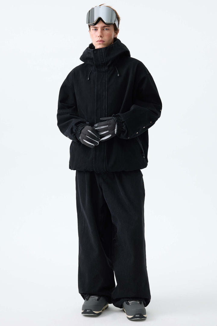 Men's Black Real Denim Waterproof Rivet Trim Snow Pants