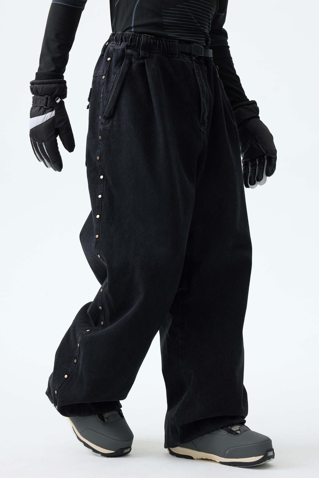 Men's Black Real Denim Waterproof Rivet Trim Snow Pants