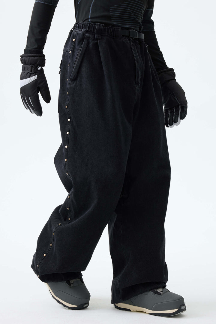 Men's Black Real Denim Waterproof Rivet Trim Snow Pants