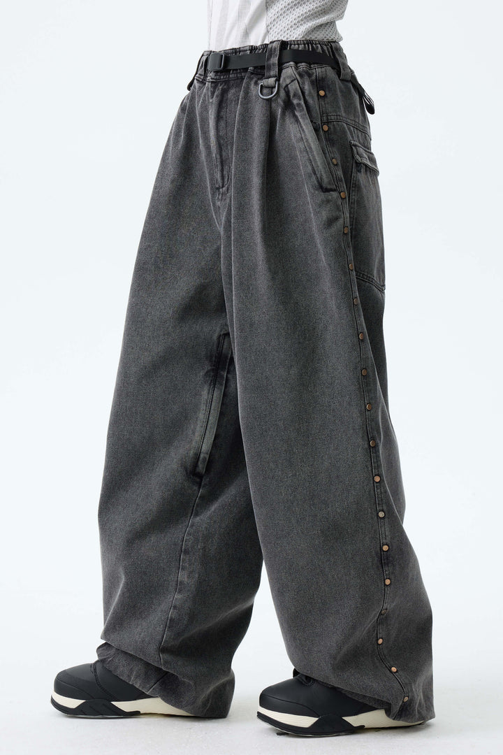 Women's Black Real Denim Waterproof Rivet Trim Snow Pants