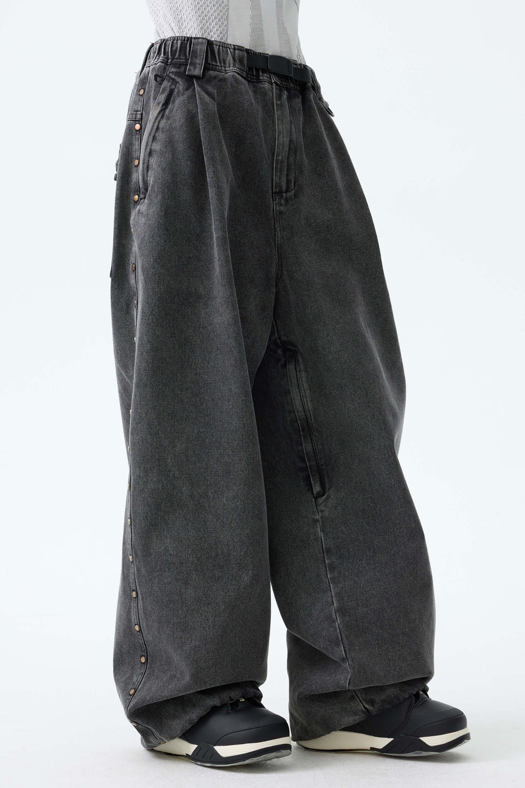 Women's Black Real Denim Waterproof Rivet Trim Snow Pants
