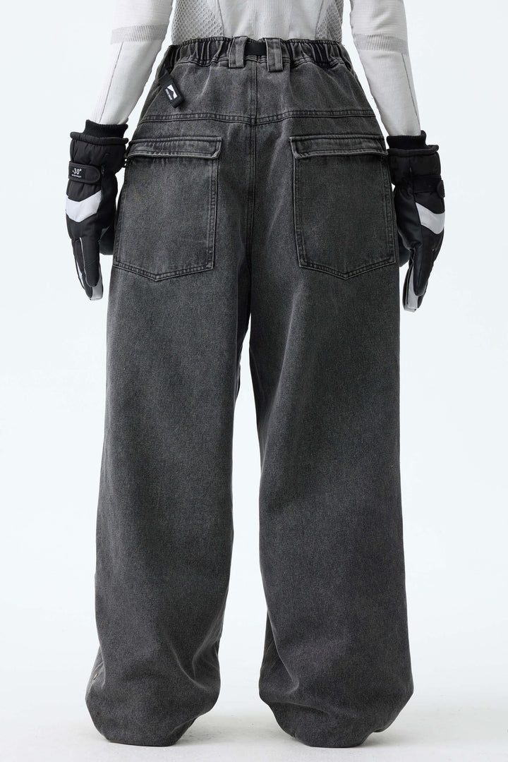 Women's Washed Charcoal Real Denim Waterproof Rivet Trim Snow Pants
