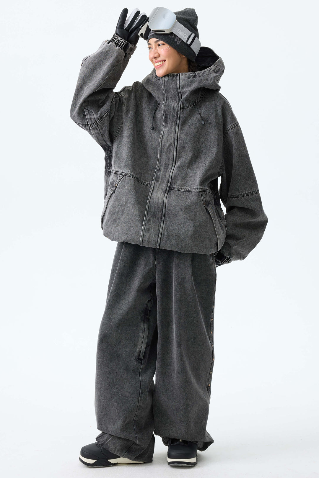 Women's Black Real Denim Waterproof Rivet Trim Snow Pants