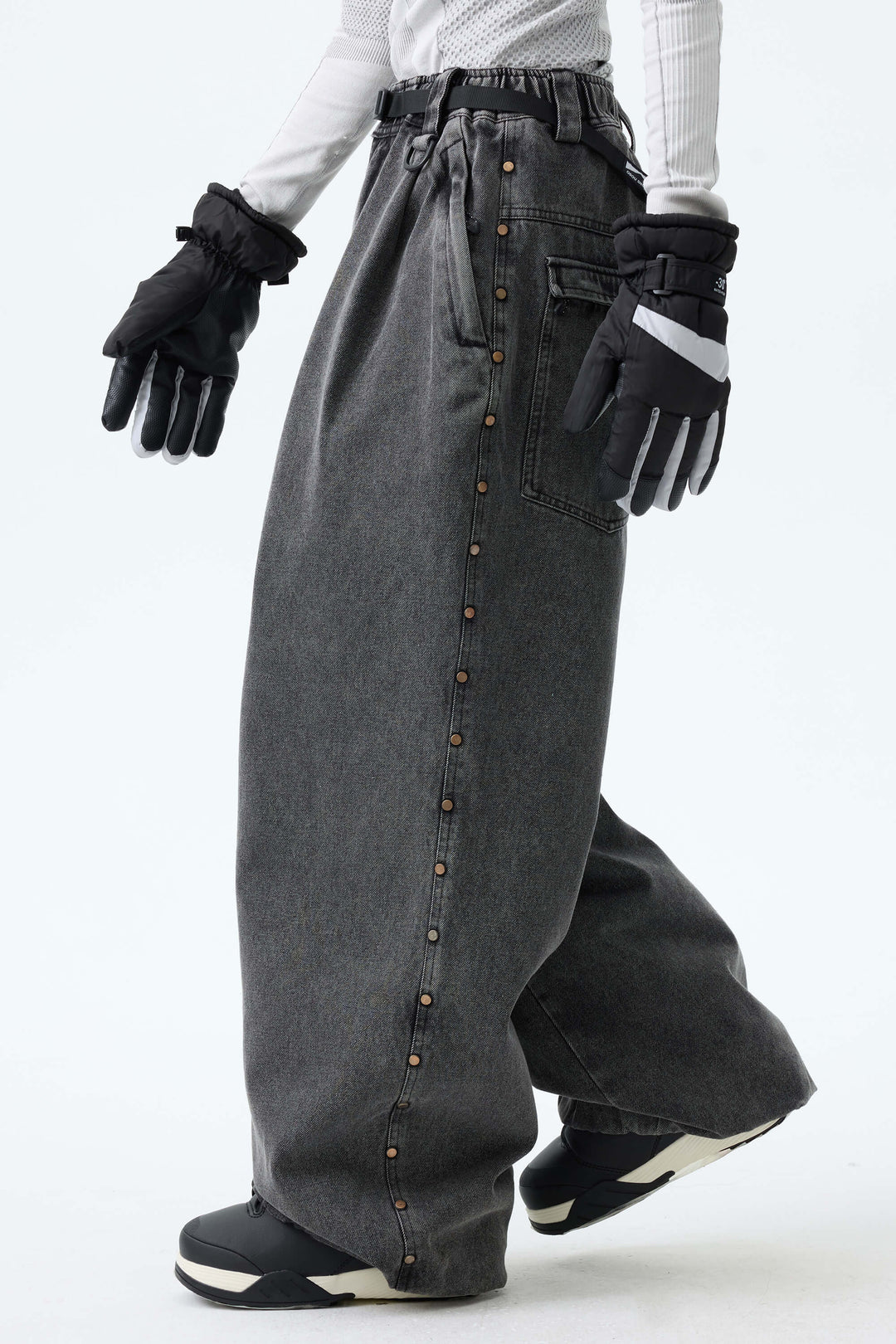Women's Washed Charcoal Real Denim Waterproof Rivet Trim Snow Pants