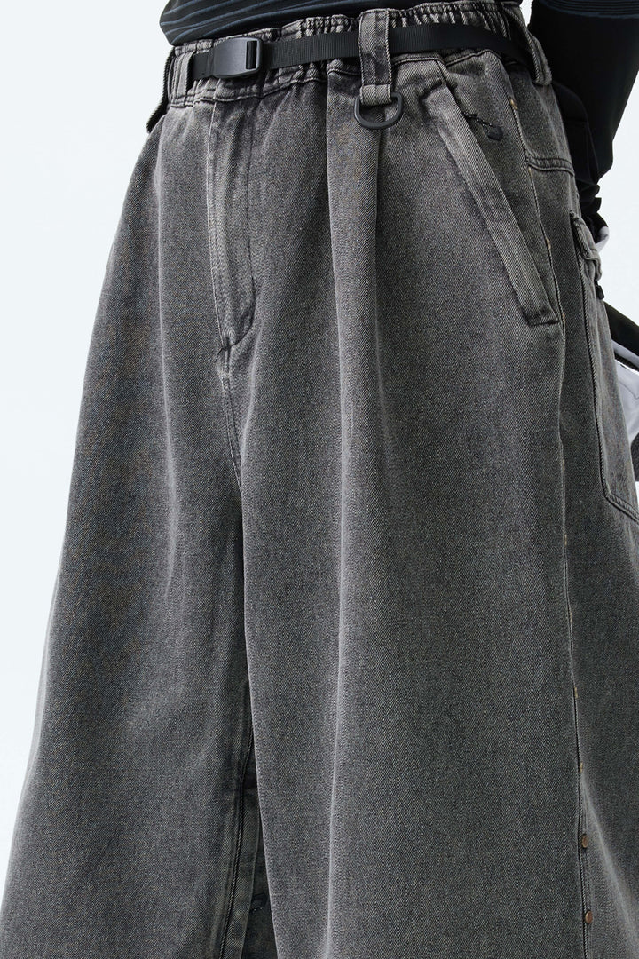 Men's Washed Charcoal Real Denim Waterproof Rivet Trim Snow Pants