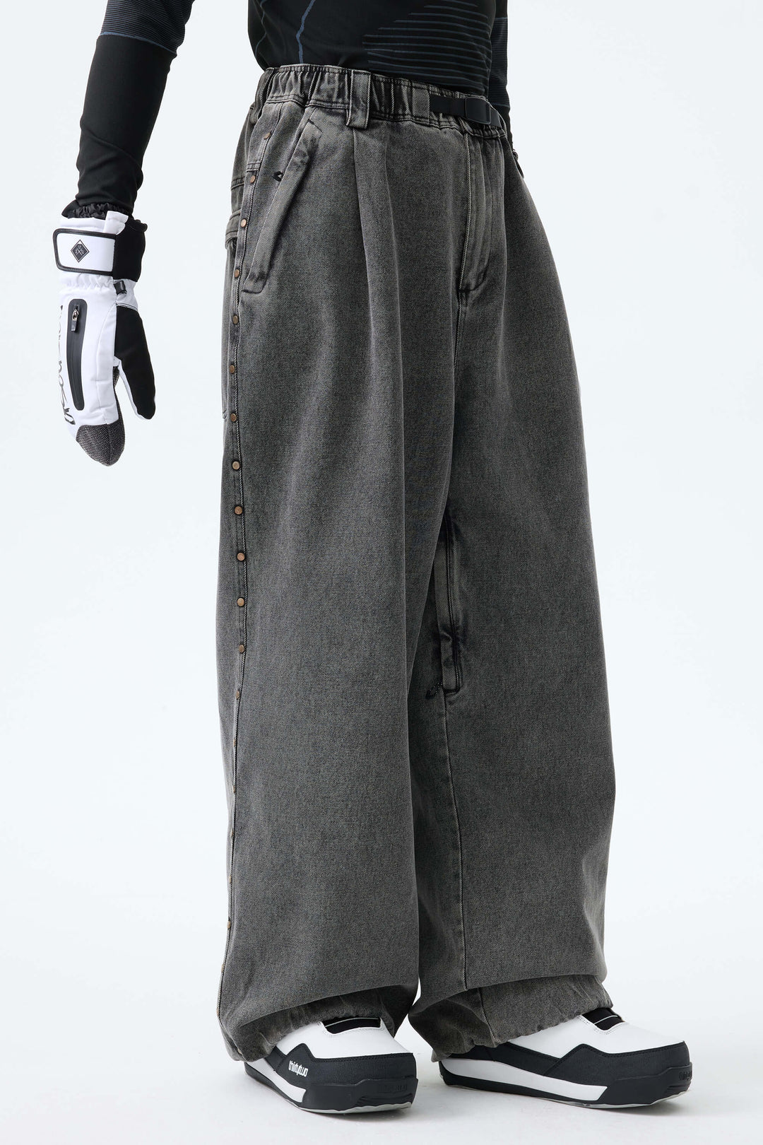 Men's Washed Charcoal Real Denim Waterproof Rivet Trim Snow Pants
