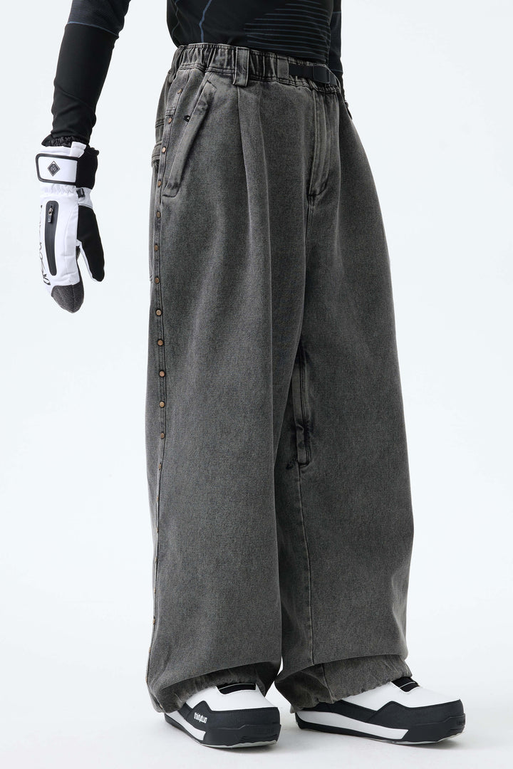 Men's Washed Charcoal Real Denim Waterproof Rivet Trim Snow Pants
