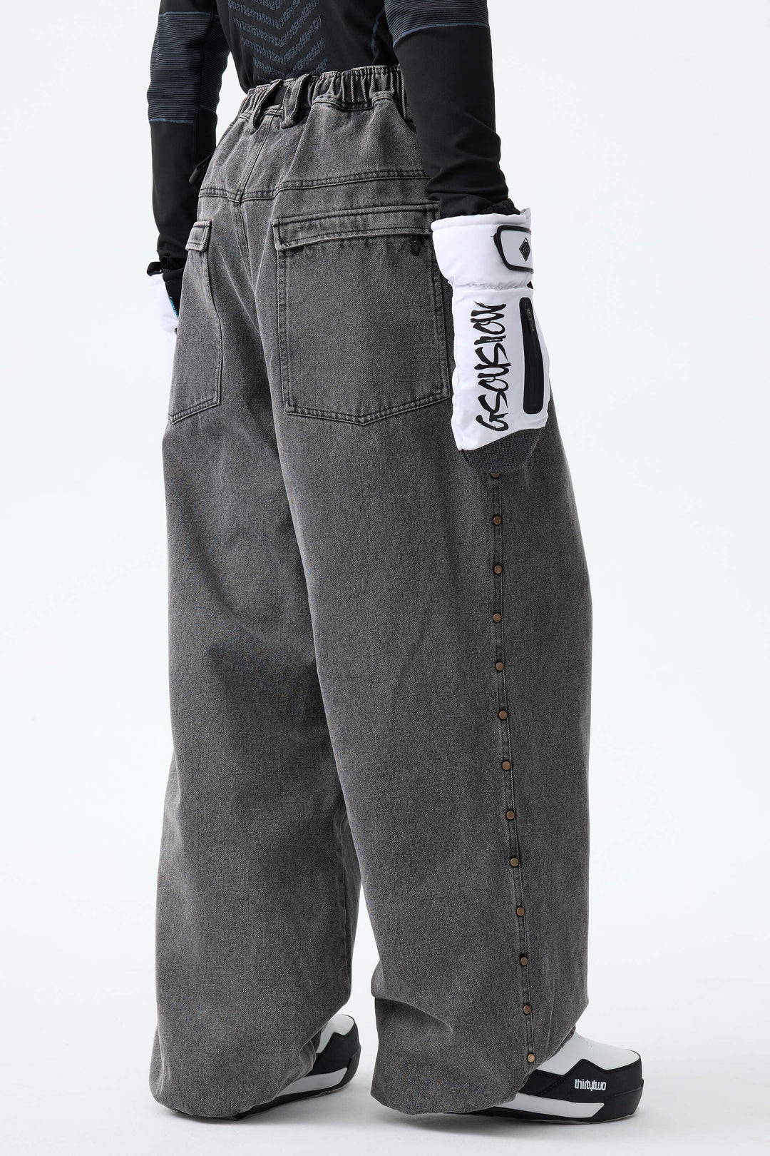 Men's Black Real Denim Waterproof Rivet Trim Snow Pants