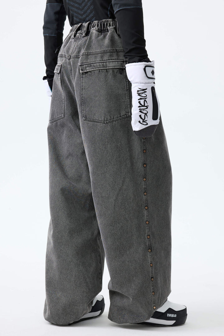 Men's Black Real Denim Waterproof Rivet Trim Snow Pants