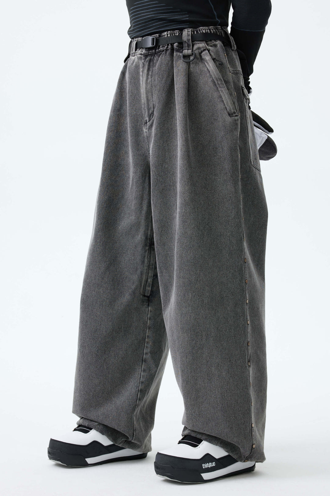 Men's Washed Charcoal Real Denim Waterproof Rivet Trim Snow Pants